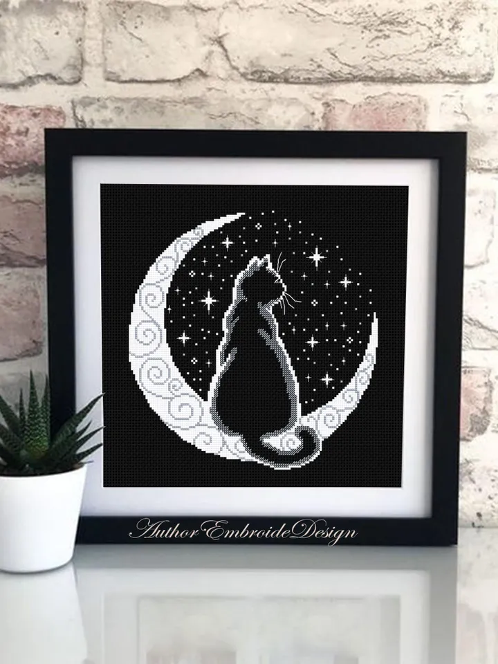 Cat moon cross stitch pattern PDF download Silhouette cat cross stitch chart, Crescent moon pattern digital PDF, Cat lover gift #K52