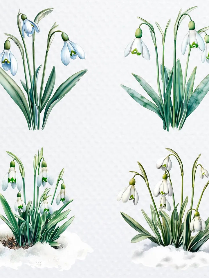 16 Snowdrops Bundle, Spring Flowers Printable Watercolor PNG Digital Clipart for sublimation, High Quality PNGs, Paper craft, junk journals