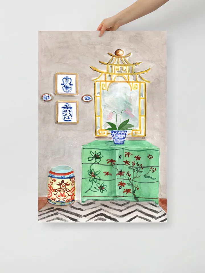 Chinoiserie Decor Watercolor Painting Print Green Chinoiserie Wall Art Painting Of Interior Ginger Jar Impressionist Art Christmas Art Gift