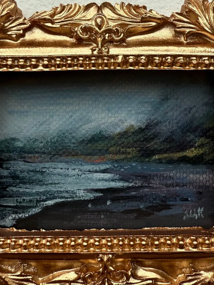 Small Landscape Painting Framed Original Dark Coast Ocean Art Antique Frame Tiny Paintings 3 x 4 Art Victorian artwork