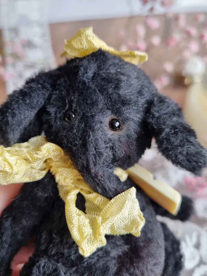 Handmade teddy baby elephant. Plush teddy elephant toy. Artist elephant gift. Black elephant. Present.