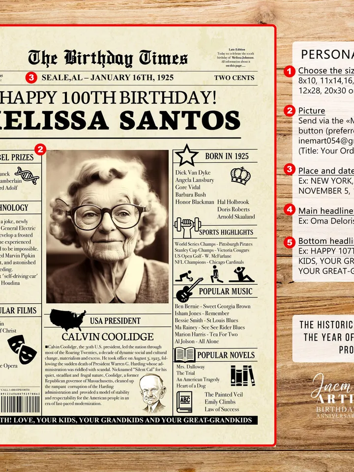 100th Birthday Newspaper Poster - Personalized Gift for Men or Women | Born in 1925 | Vintage 1925 Facts, Decor & Celebration Keepsake