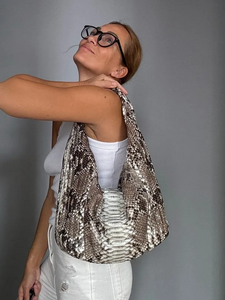 Soft Hobo Classy Sport Woman Stitched Bag | Purse Genuine Python Skin | Gray Big Elegant Leather Designer Soft Bag Snake | reptile hobo
