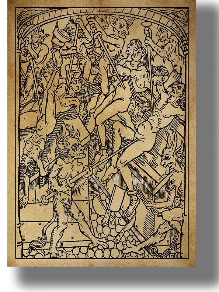 Torment of sinners in Hell. Poster with grim Catholic art.