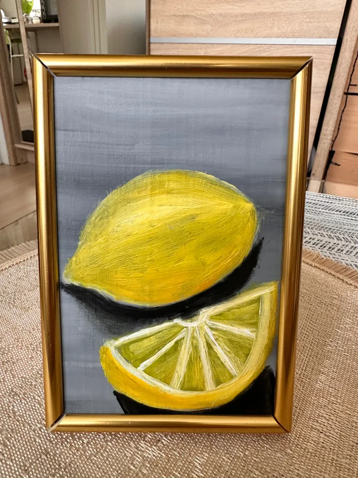 Oil Painting Lemons Still Life Fruits Citrus Fruits Food Nature Cardboard 15x10 cm 6x4 inches Wall Decor In a gold frame