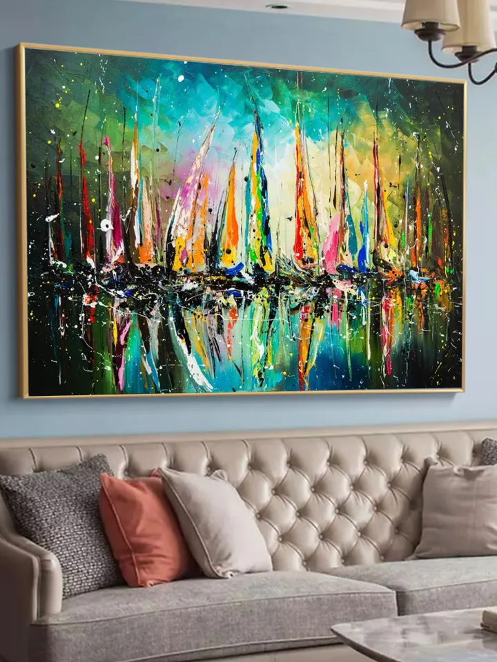 Original Painting On Canvas, Abstract Colorful Sailboat Oil Painting, Seascape Painting, Large Wall Art,Living Room Wall Decor,Wall Hangings