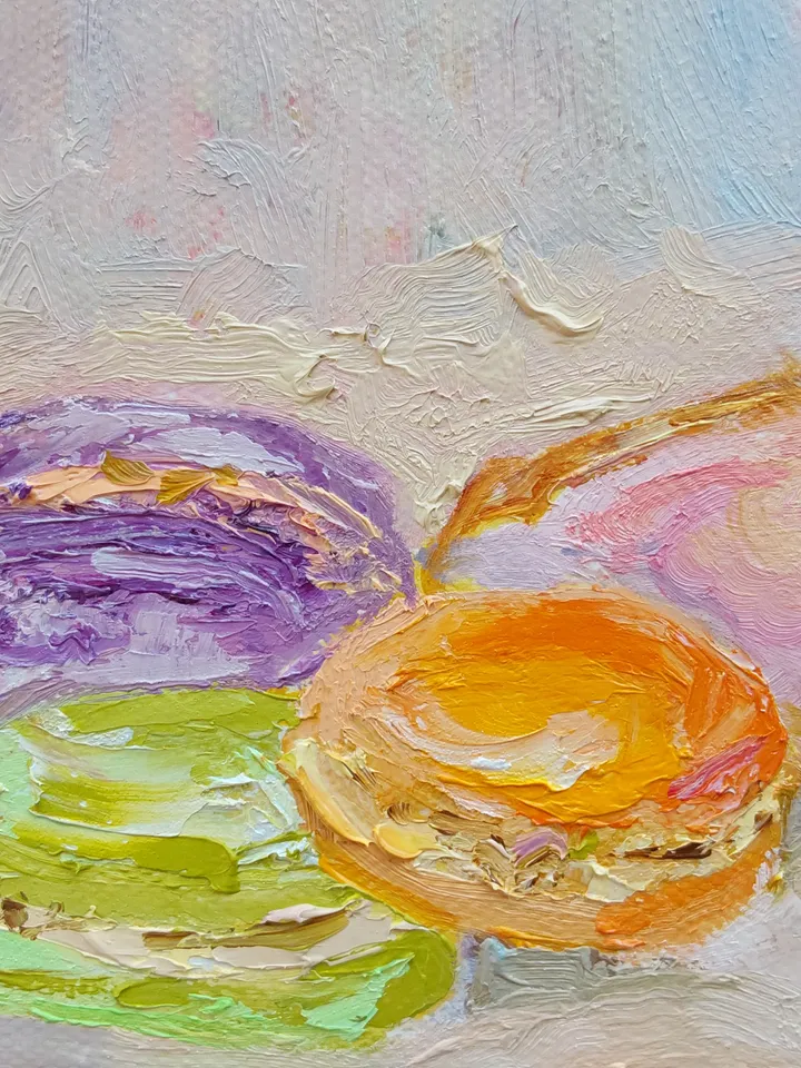 Oil painting "Still life. Cup of coffee with macarons" 20x20cm (8х8inc).