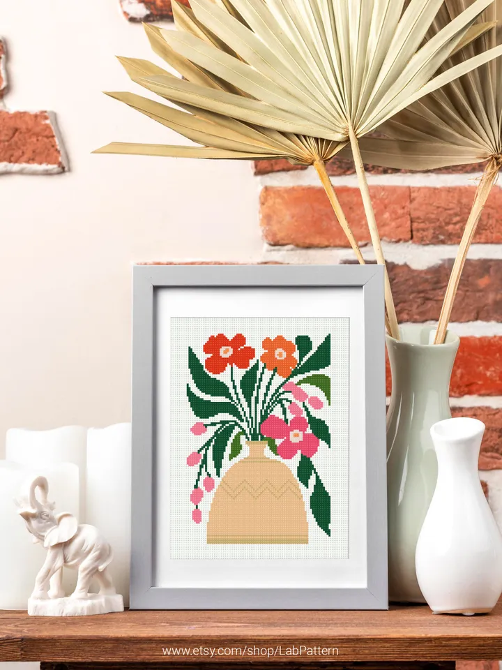 Bundle of 4 mini contemporary Flowers in pots Cross stitch patterns Abstract floral Plant beginner counted modern DIY embroidery instant PDF
