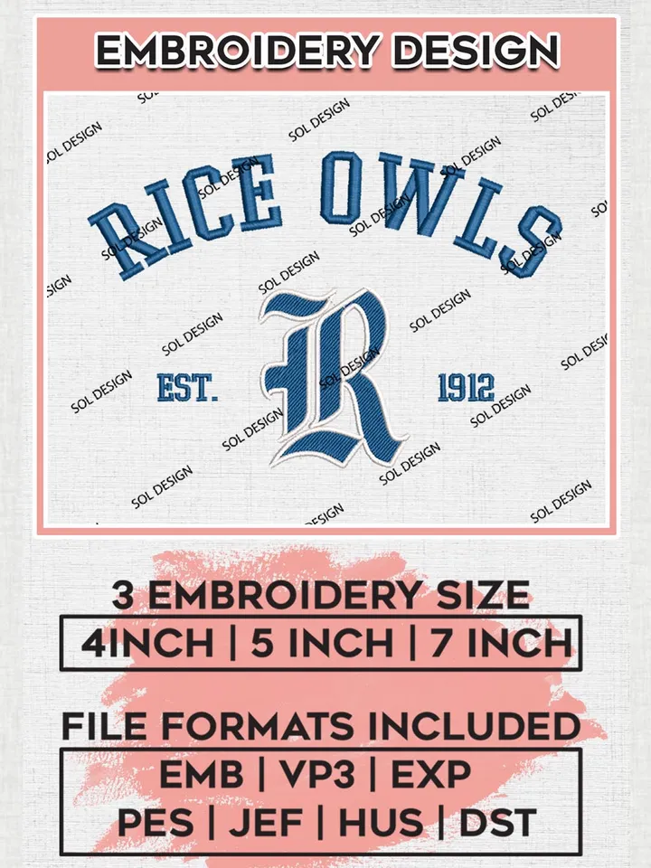 Rice Owls Est 1912 Embroidery Design Files, NCAA Rice Owls Team Embroidery, NCAA embroidery designs, 3 sizes, Machine embroidery designs, Digital Download