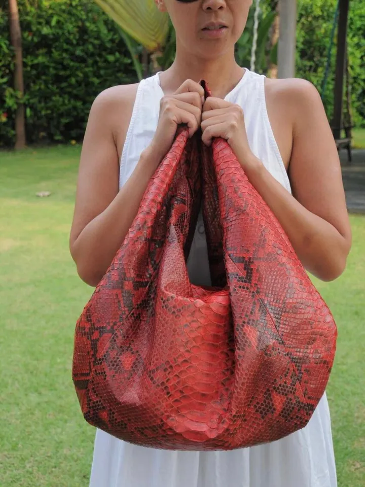 Big Soft Hobo Classy Sport Woman Bag | Purse Genuine Python Skin | Python Skin Products | Red Big Elegant Leather Designer Soft Bag Snake