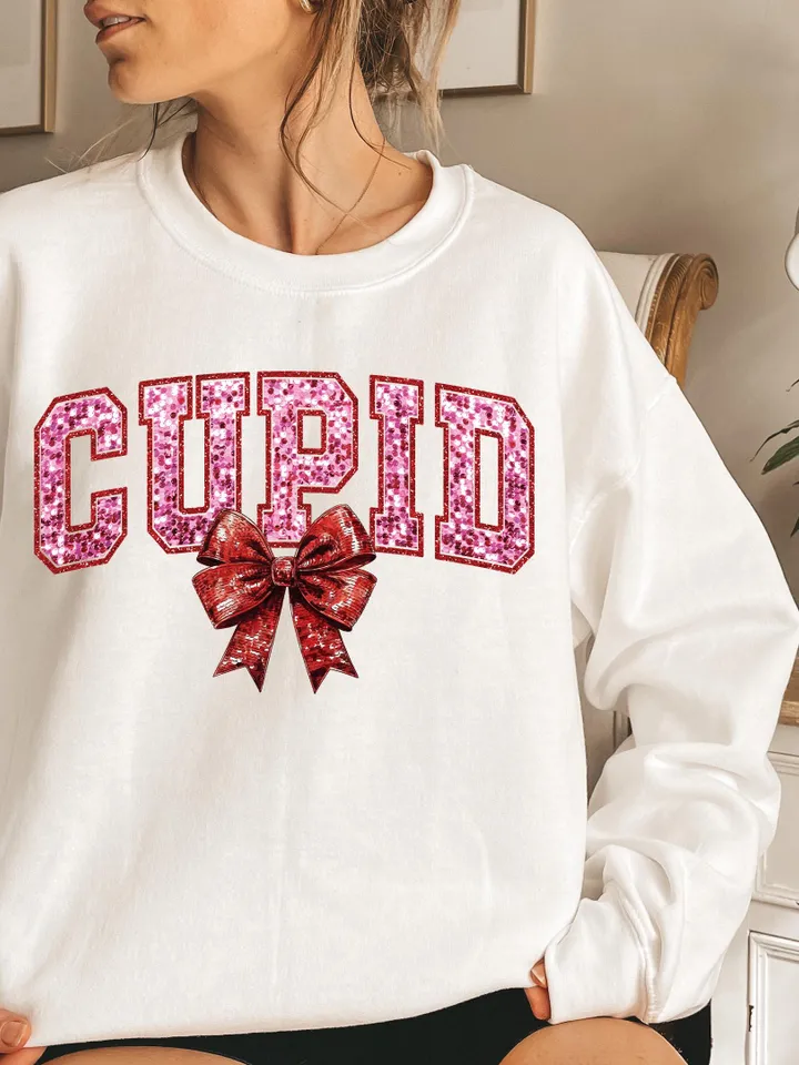 Valentines Coquette Bow,Faux Sequin Cupid Vibes Valentines Sublimation Design, Valentine’s Day Digital Design, Cupid PNG, trendy pink vday