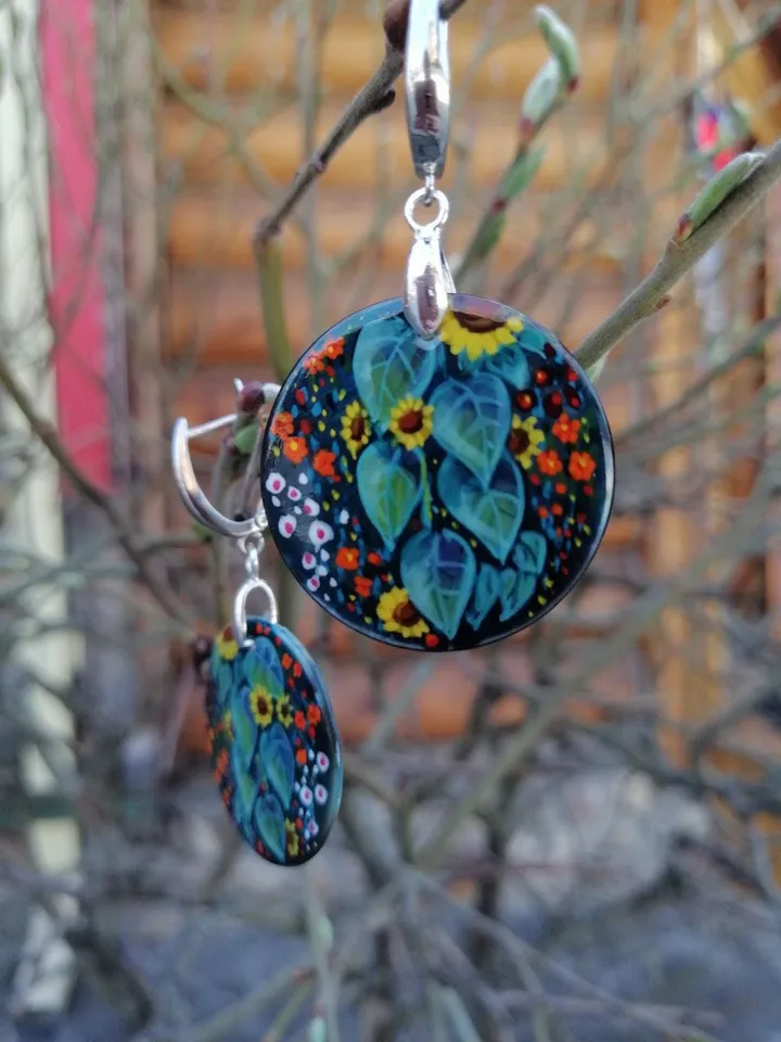 Pearl earrings: Garden flowers and Sunflower hand painted on green mother of pearl earrings • Elegant handcrafted jewelry • Stylish art gift
