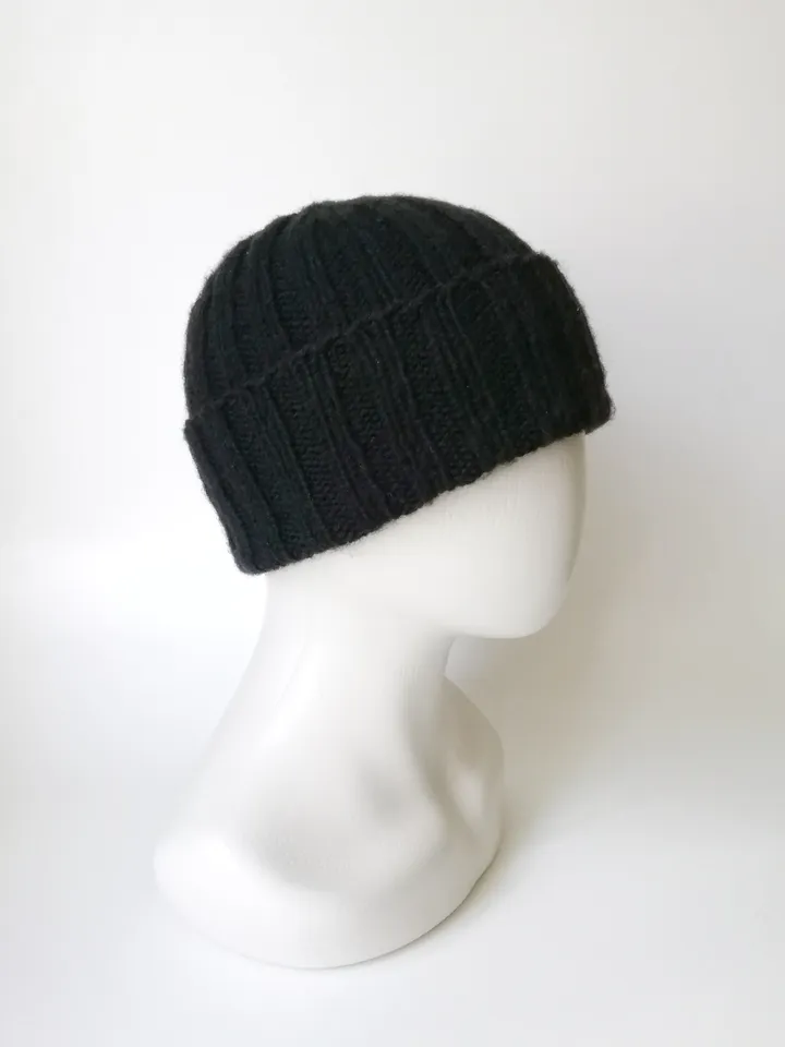 Handcrafted Black Men's Merino Wool Ribbed Beanie: Exceptionally Warm Hand-Knitted Winter Hat in Luxurious Soft Yarn. FREE SHIPPING!