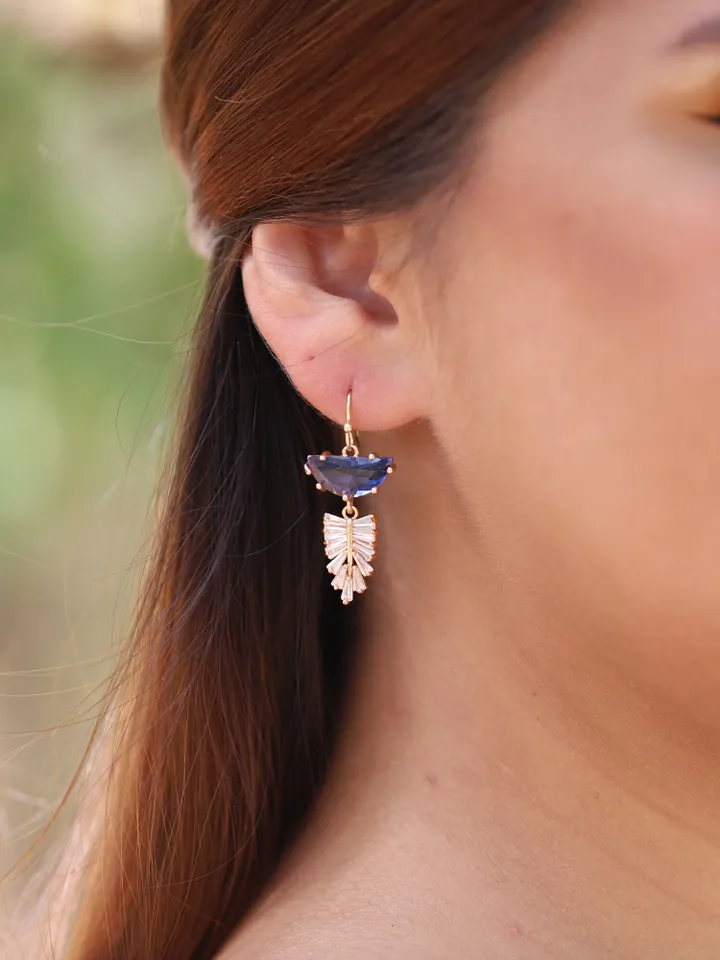 Gold Blue Art Deco Wedding Earrings For Bride, Boho Bridal Earrings, Chandelier Stetement Earrings, Teardrop Earrings, Blue Bridal Jewelry