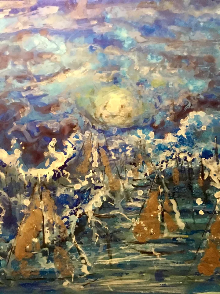 Moonlight boats,original mix media painting on yupo paper,fantasy artwork,gift,home decoration modern art