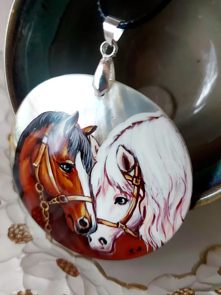 Pearl pendant necklace: Gentle pair of horses in love on handmade jewelry pendant • Dainty gift for nature lover • Elegant pendant for her