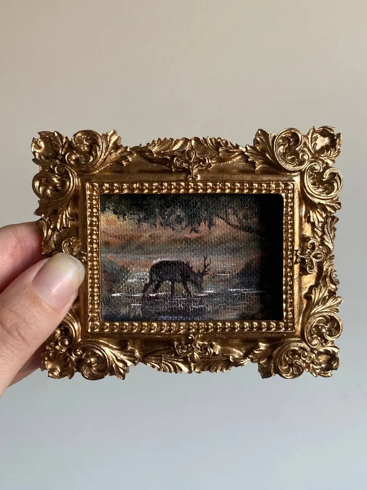 Forest Deer Landscape Oil Painting Original In Vintage Style Frame Small Framed Oval Painting Art