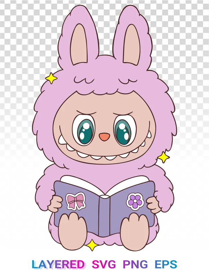 Labubu Bunny PNG, Cute Reading SVG, Kawaii Clipart Cricut