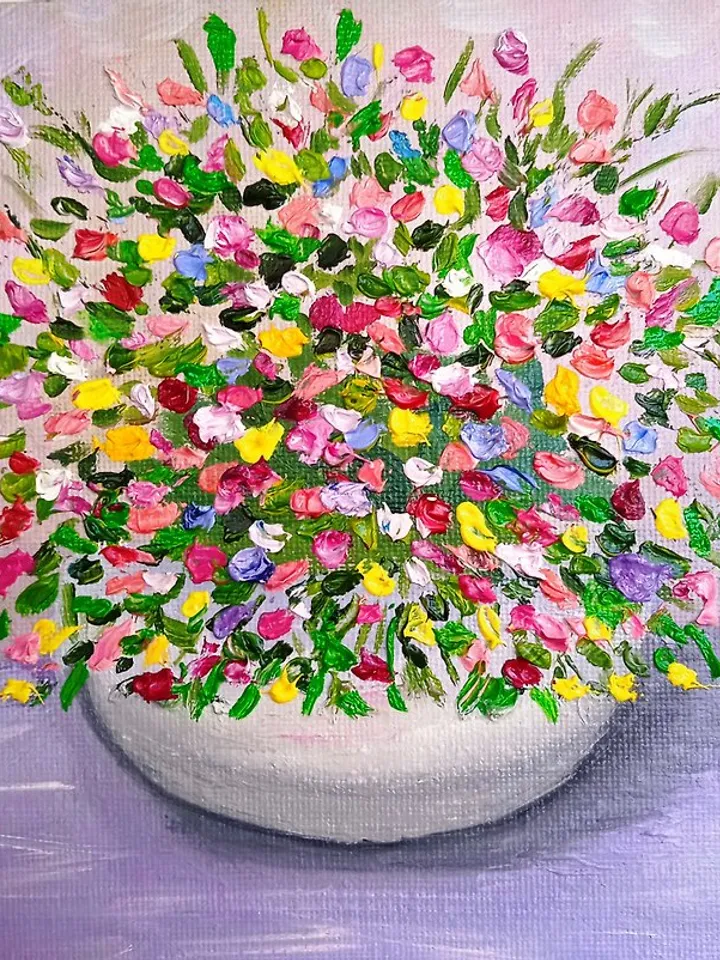 Oil Painting Bright Flowers in a White vase Impasto Art Miniature 6 x 6 inches