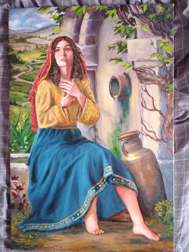 Christian Girl oil painting with landscape Religious inspiration Figurative art