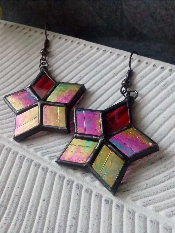 Star stained glass Iridescent earrings - Hoya flower geometric dangle earrings