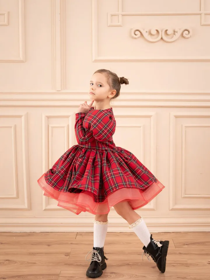 Plaid Christmas Dress, Holiday Girl Dress, Red Tartan Dress, Christmas Party Outfit, Plaid Ruffle Dress, Xmas Photoshoot, Tutu Retro Dress