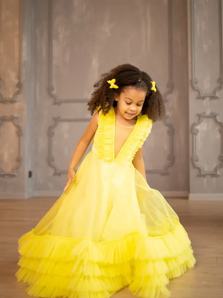 Yellow Girl Party Dress, Tutu Dress, Frilled Skirt, A Line Dress, Tulle Toddler Dress, Formal Dress,Birthday Dress,Toddler Photoshoot Dress
