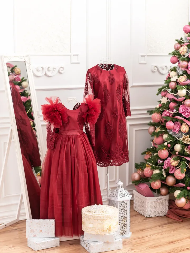 Dark Red Formal Dresses, Mother Daughter Matching Dress, Princess Tulle Dress, Girl Formal Gown, Mommy and Me Dress, Wedding Guest Dress