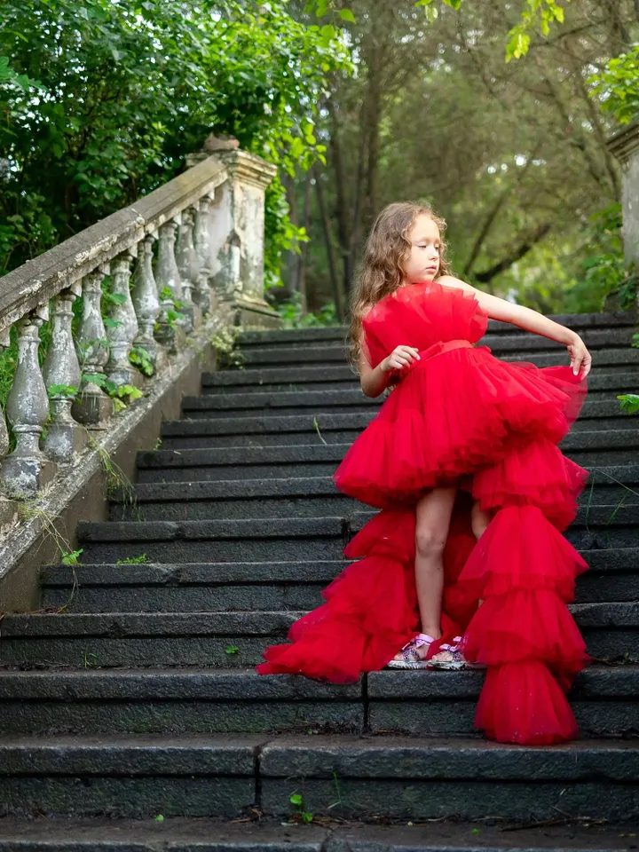 5-7 Years Red Girl Dress, Princess Dress, Tiered Tulle Dress, Short Tutu Dress, Little Girl Dress, Special Occasion, High Low Dress