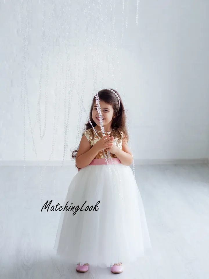 Gold And Ivory Dress, Sequin Girl Dress, Christening Gown, Flower Girl Dress, Tutu Tulle Dress, Birthday Girl Outfit,Junior Bridesmaid Dress