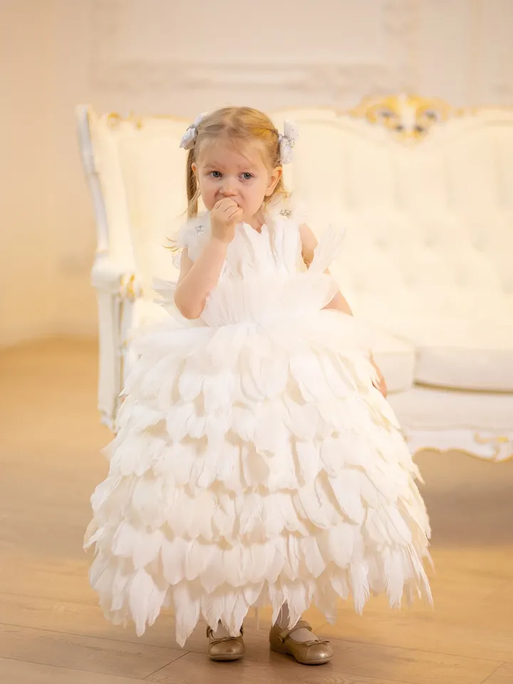 White Feather Baptism Dress, Baby Girl Floor Length Gown, Christening Girl Dress, First Communion Dress, Flower Girl Formal Dress,Cake Smash