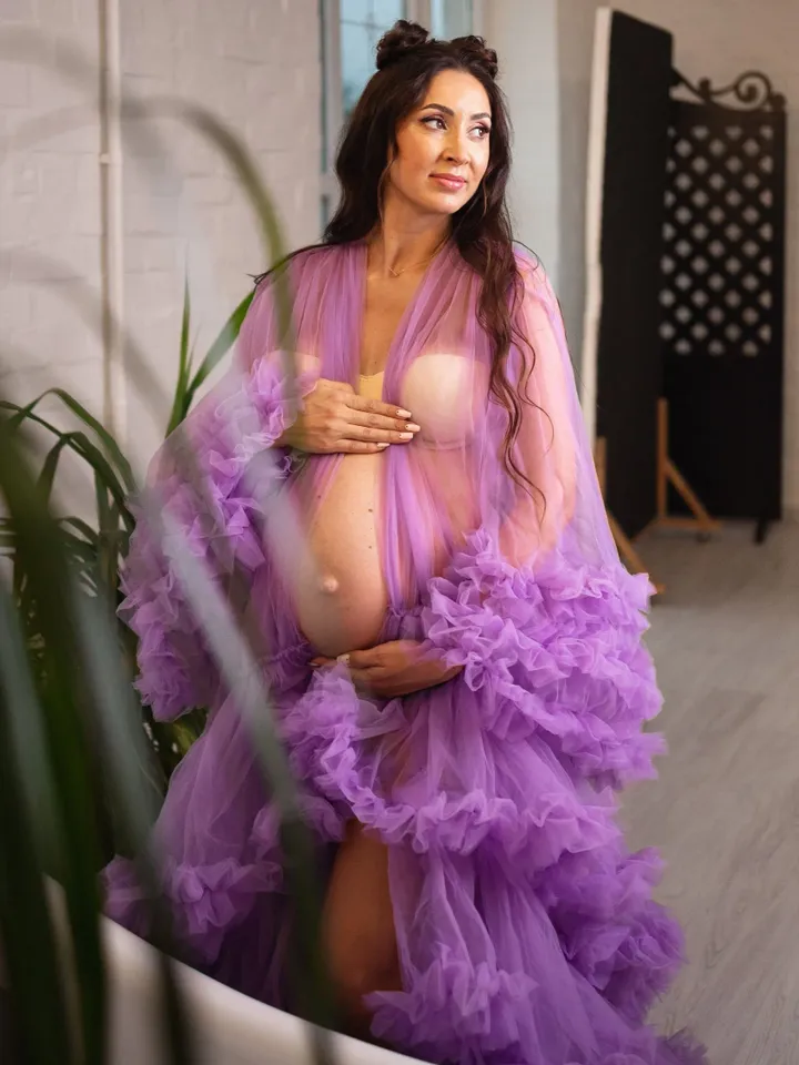 Lavender Maternity Dress For Photoshoot, Maternity Tulle Robe, Lilac Engagement Boudoir Tulle Dress, Purple Pregnancy Gown