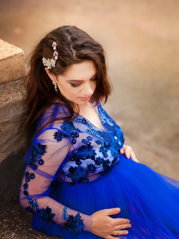 Blue Maternity Dress, Royal Blue Baby Shower Dress, Maternity Photoshoot Dress, Pregnancy Dress, Elegant Dress, Tulle Train Dress, Formal