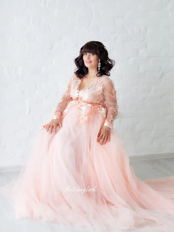 Maternity Dress, Pregnnacy Dress for Photoshoot, Peach Lace Maternity Gown, Infinity Dress, Tulle Train Dress, Formal Dress, Princess Dress