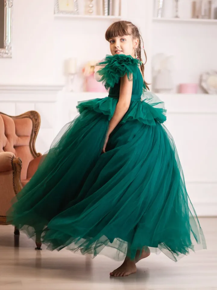 Emerald Green Flower Girl Dress, Tulle Maxi Dress, Christmas Photography Dress, Girl Evening Dress, Toddler Xmas Dress, Princess Dress