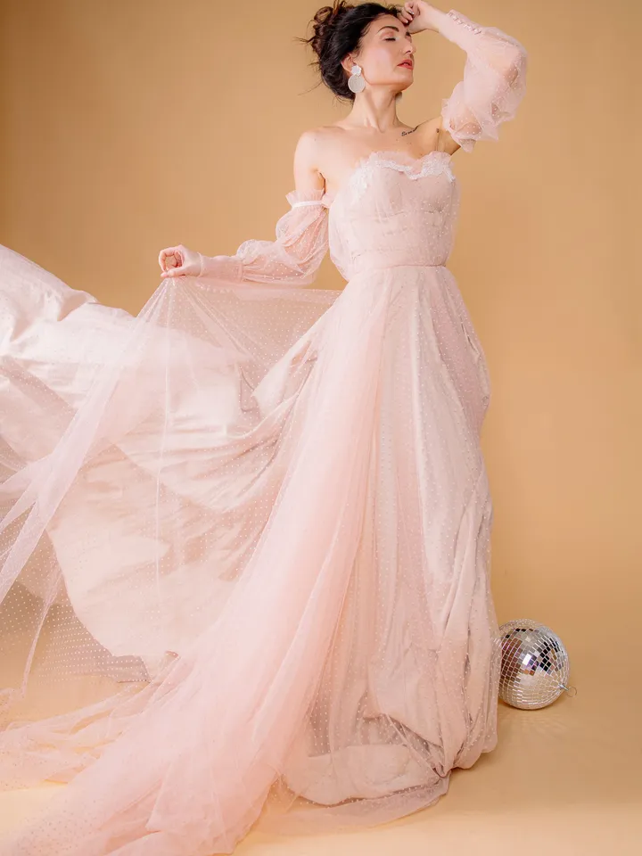 Pink Wedding Dress, Blush Tulle Gown, Polka Dot Elegant Dress