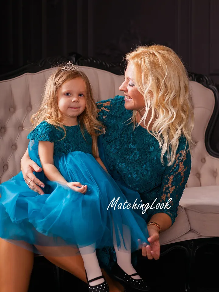 Mommy And Me Outfit, Mother Daughter Dresses, Lace Matching Dresses, Petrol Green Dresses, Matching Photoshoot Dresses, Photo Props Dress