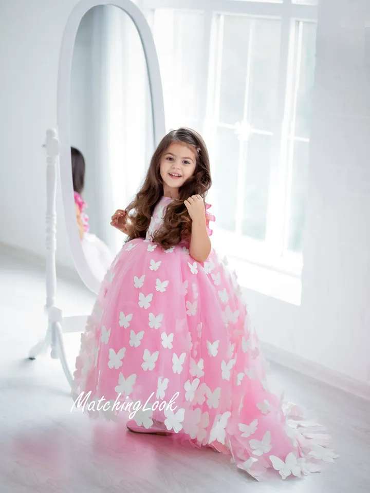 Pink Tulle Butterfly Flower Girl Dress, Girl Princess Dress With Train, Toddler Gown Dress