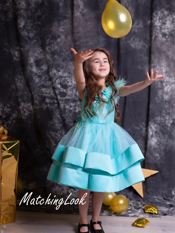 Flower Girl Dress, Girl Teal Dress, Birthday Dress, Feather Dress, Tiered Dress, Princess Dress, Girl Tutu Dress, Blue Tulle Dress, Formal