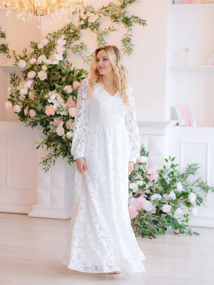 Off White Maxi Dress, Fall Wedding Lace Dress, A Line Dress, Long Sleeves Dress, Boho Wedding Dress, Floral Lace Dress, Minimalist Dress