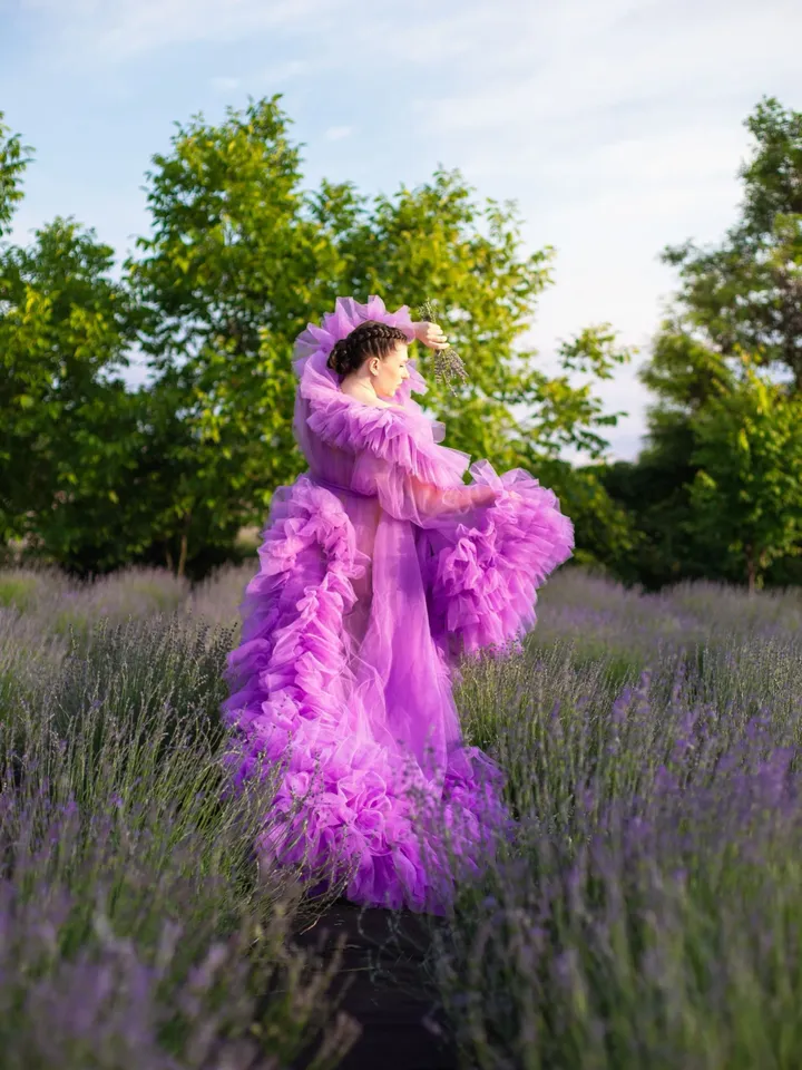 Lavender Frilled Maternity Robe, Photoshoot Robe, Ruffle Tulle Robe, Bridal Fluffy Robe, Pregnancy Photography, Purple Flying Dress,Negligee