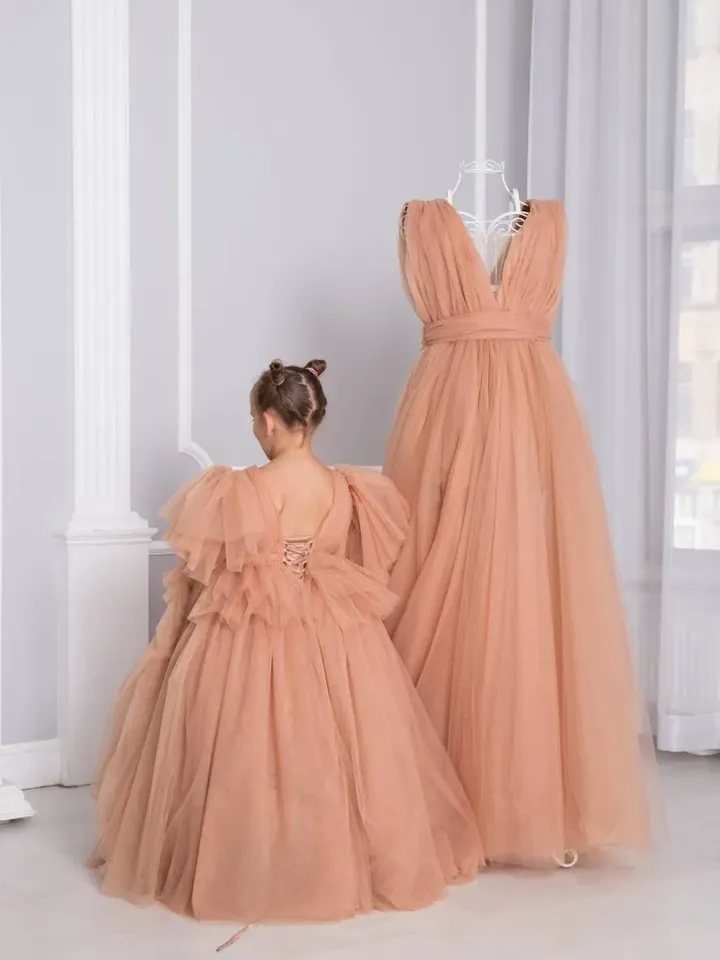 Tawny Mommy And Me Dresses, Birthday Maxi Dresses, Matching Mother Daughter Dress, Brown Tulle Gown, Family Photoshoot, Wedding Guest Dress