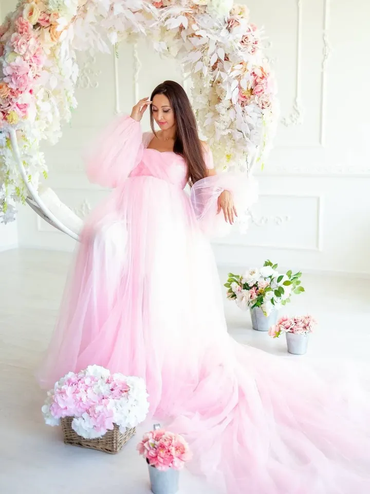 Pink Baby Shower Dress, Off Shoulder Formal Gown, Maternity Tulle Dress, Homecoming Train Dress, Pregnancy Photoshoot Dress,Special Occasion