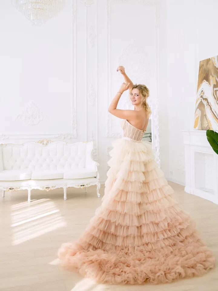 Champagne Ombre Wedding Dress, Tulle Tiered Gown, Event Dress, Photoshoot Dress, Bridal Tutu Dress, Puffy Tulle Dress, Layered Prom Dress