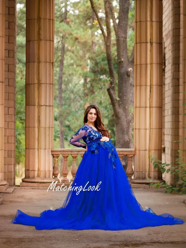 Maternity Dress For Photo shoot, Maternity Ball Gown, Prom Maternity Dress, Pregnancy Dress, Royal Blue Dress, Maternity Lace Gown, Photo