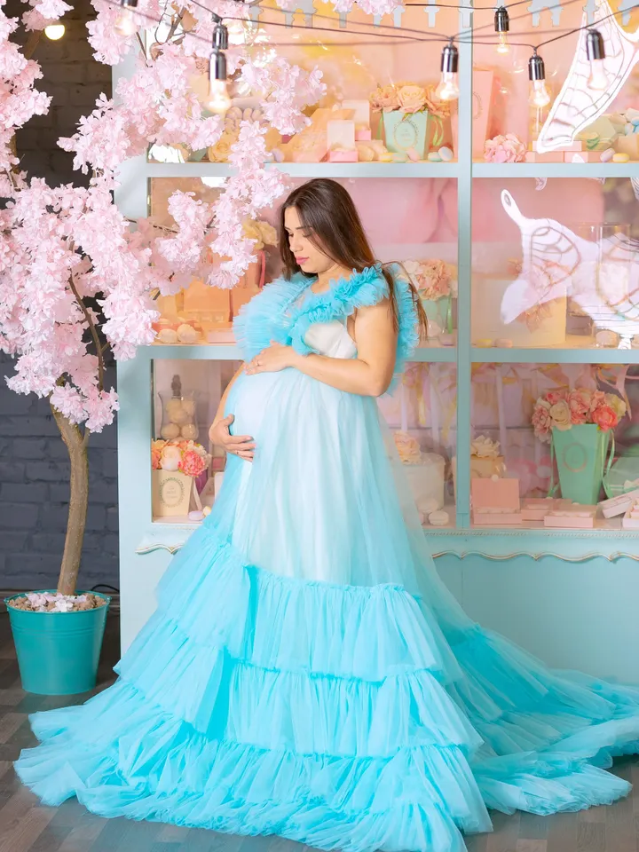 Aqua Blue Tulle Maternity Gown, Tiered Tulle Dress, Maternity Gown, Baby Shower Dress, Photoshoot Gown, Pregnancy Gown Dress