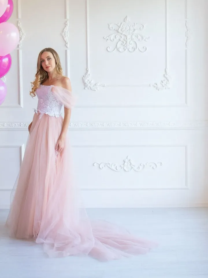 Pink Wedding Dress, Tulle Gown Photoshoot, Blush Maternity Dress for Photoshoot, Baby Shower Lace Dress, Photo Props Dress, Boho Wedding