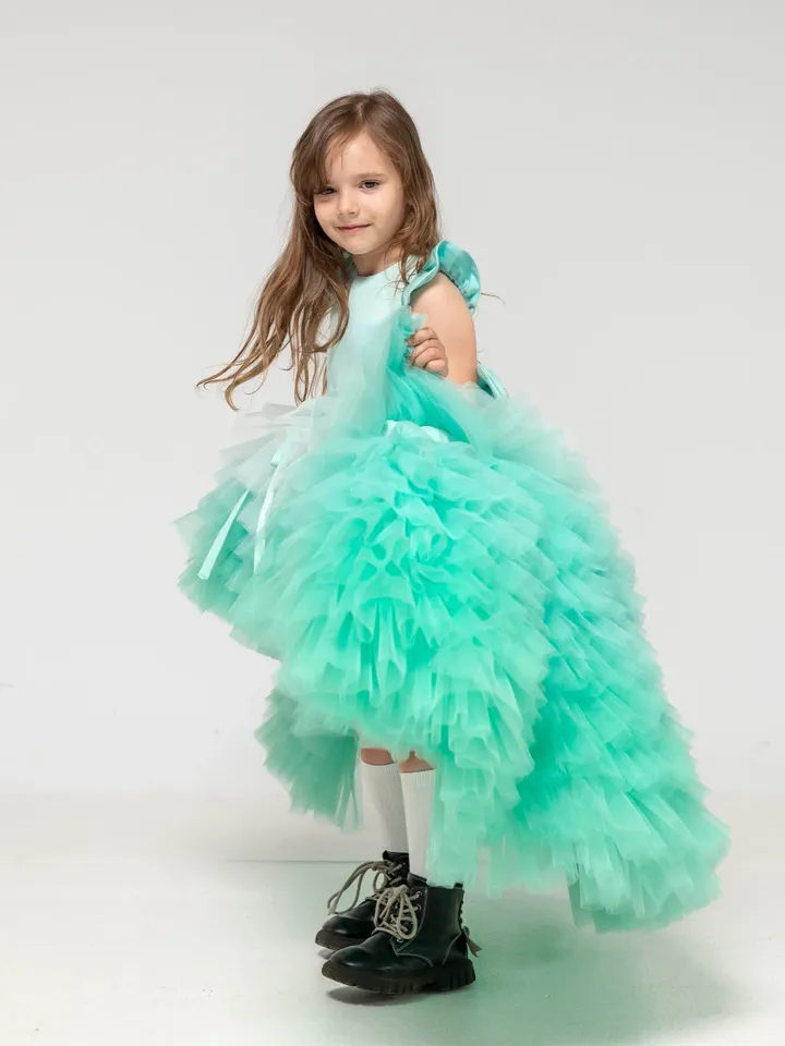 Mint Tutu Dress, Ombre Tulle Dress, Tiered Girl Dress, Flower Girl Dress, Asymmetrical Dress With Train, 1st Birthday Outfit, Princess Dress