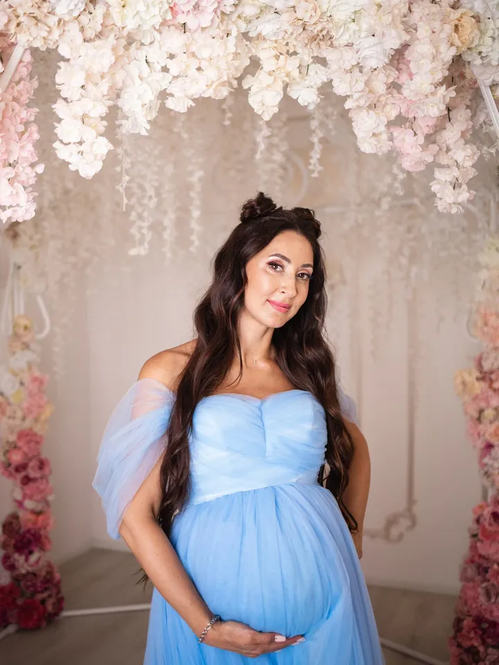 Blue Maternity Dress, Baby Shower Dress, Tulle Dress with Train, Maternity Dress for Photoshoot, Pregnancy Tulle Dress, Designer Tulle Dress