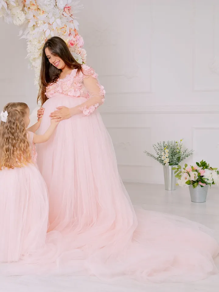 Maternity Mommy and Me Dress, Matching Maternity Photoshoot Dress, Blush Tulle Gown, Maternity Gown with train, Pregnancy Lace Dress